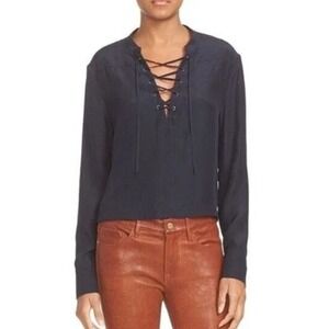 FRAME Small Satin Blouse Navy Blue Lace Up‎ Neck Long Sleeve 100% Silk Top